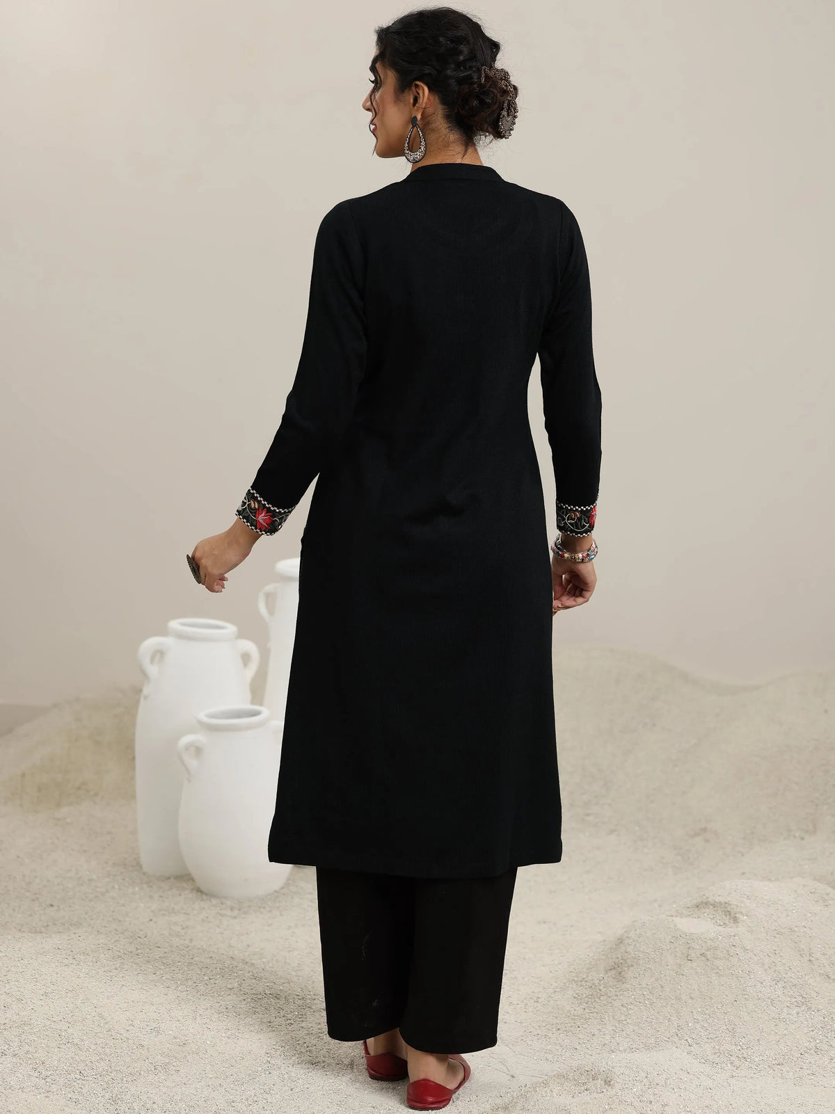 Libas Black Embroidered Wool Straight Kurta