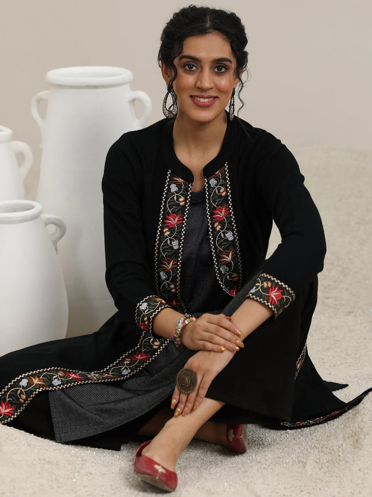 Libas Black Embroidered Wool Straight Kurta