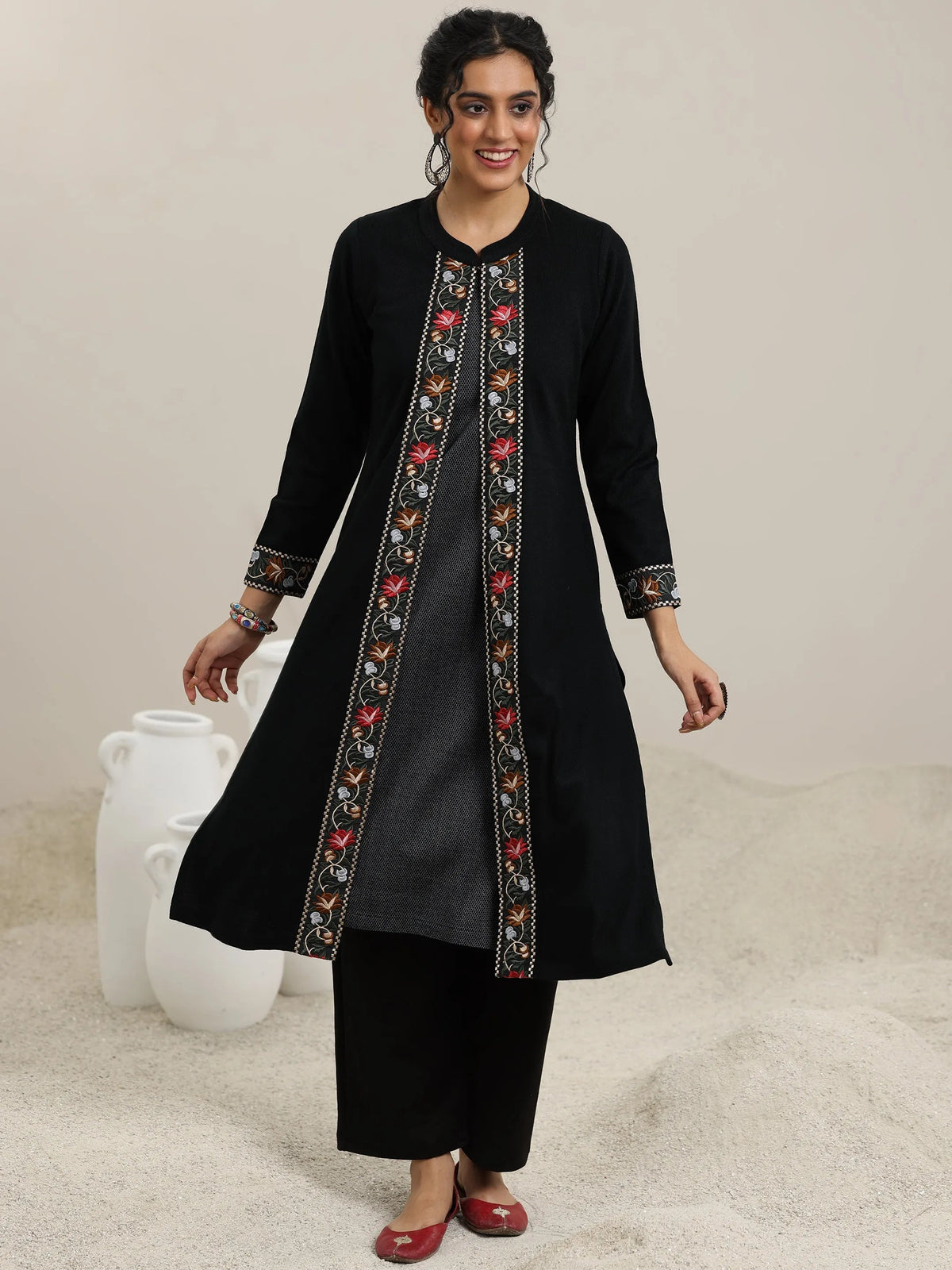 Libas Black Embroidered Wool Straight Kurta