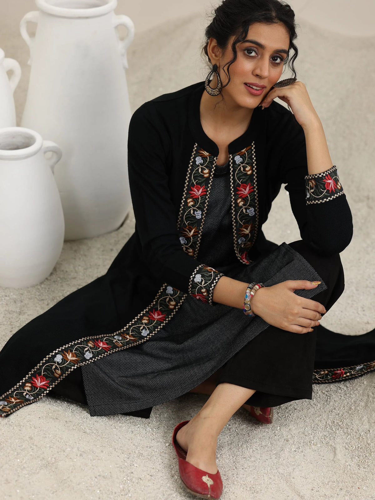 Libas Black Embroidered Wool Straight Kurta