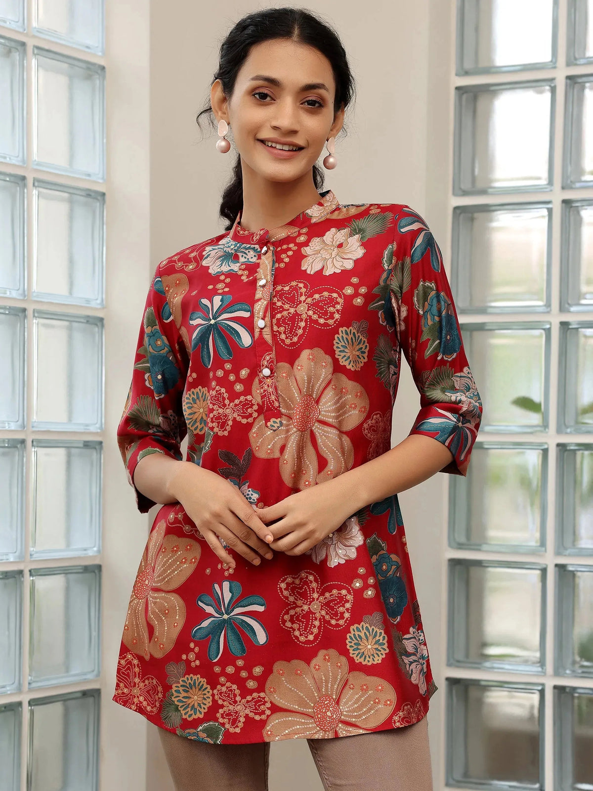 Libas Pink Printed Silk Blend Straight Kurti