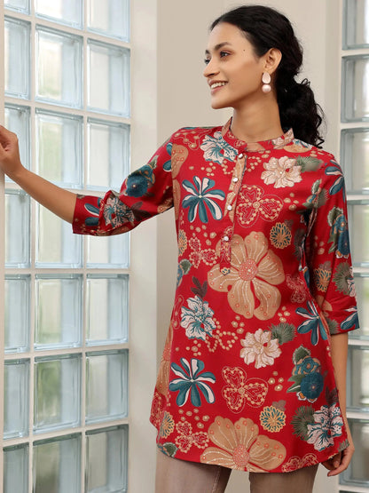 Libas Pink Printed Silk Blend Straight Kurti