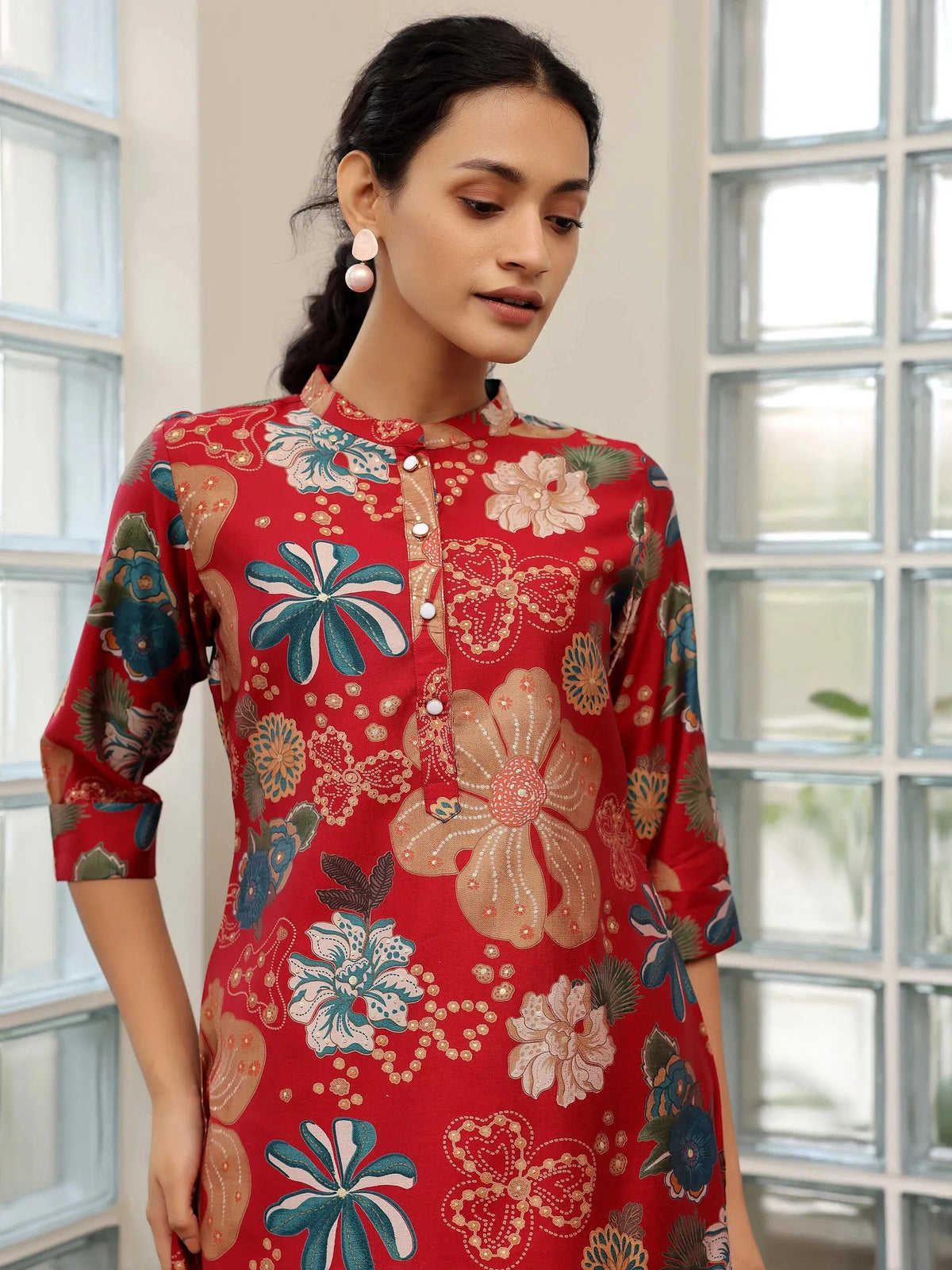 Libas Pink Printed Silk Blend Straight Kurti