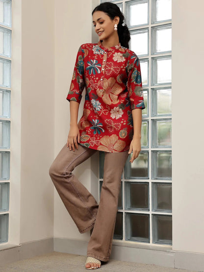Libas Pink Printed Silk Blend Straight Kurti