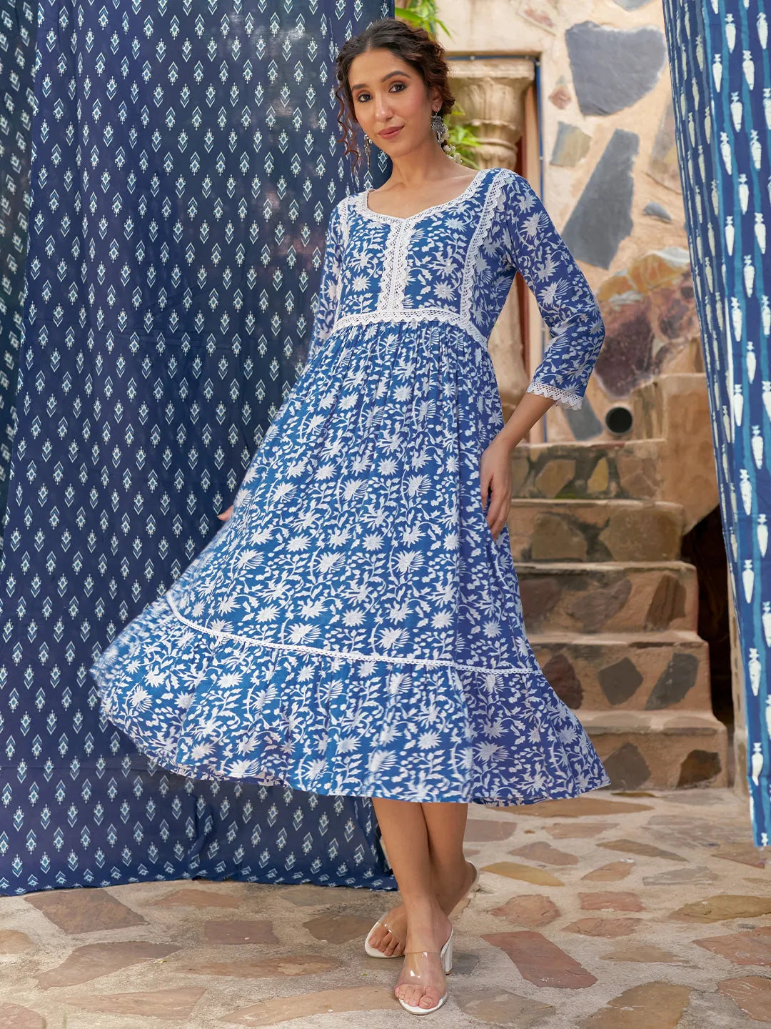 Libas Indigo Printed Rayon Fit and Flare Dress