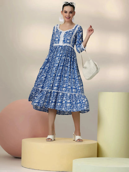 Libas Indigo Printed Rayon Fit and Flare Dress