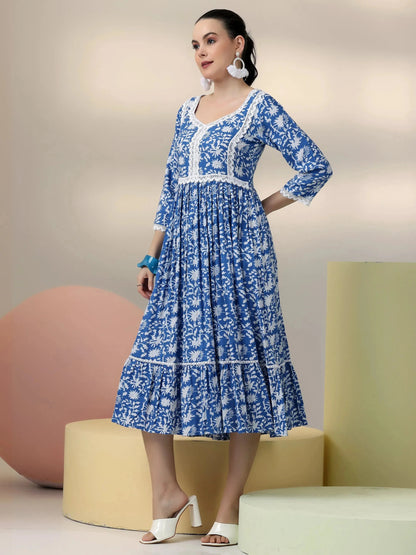 Libas Indigo Printed Rayon Fit and Flare Dress