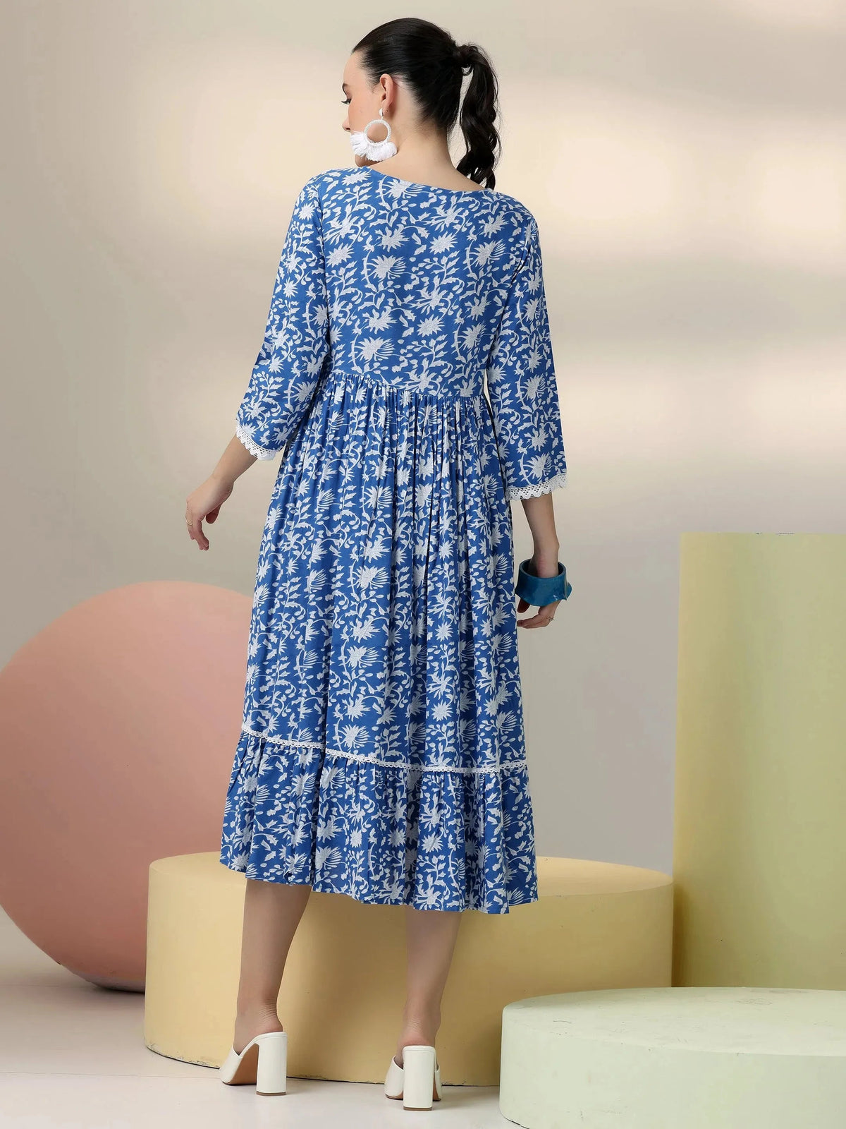 Libas Indigo Printed Rayon Fit and Flare Dress
