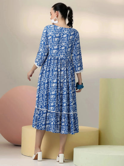 Libas Indigo Printed Rayon Fit and Flare Dress