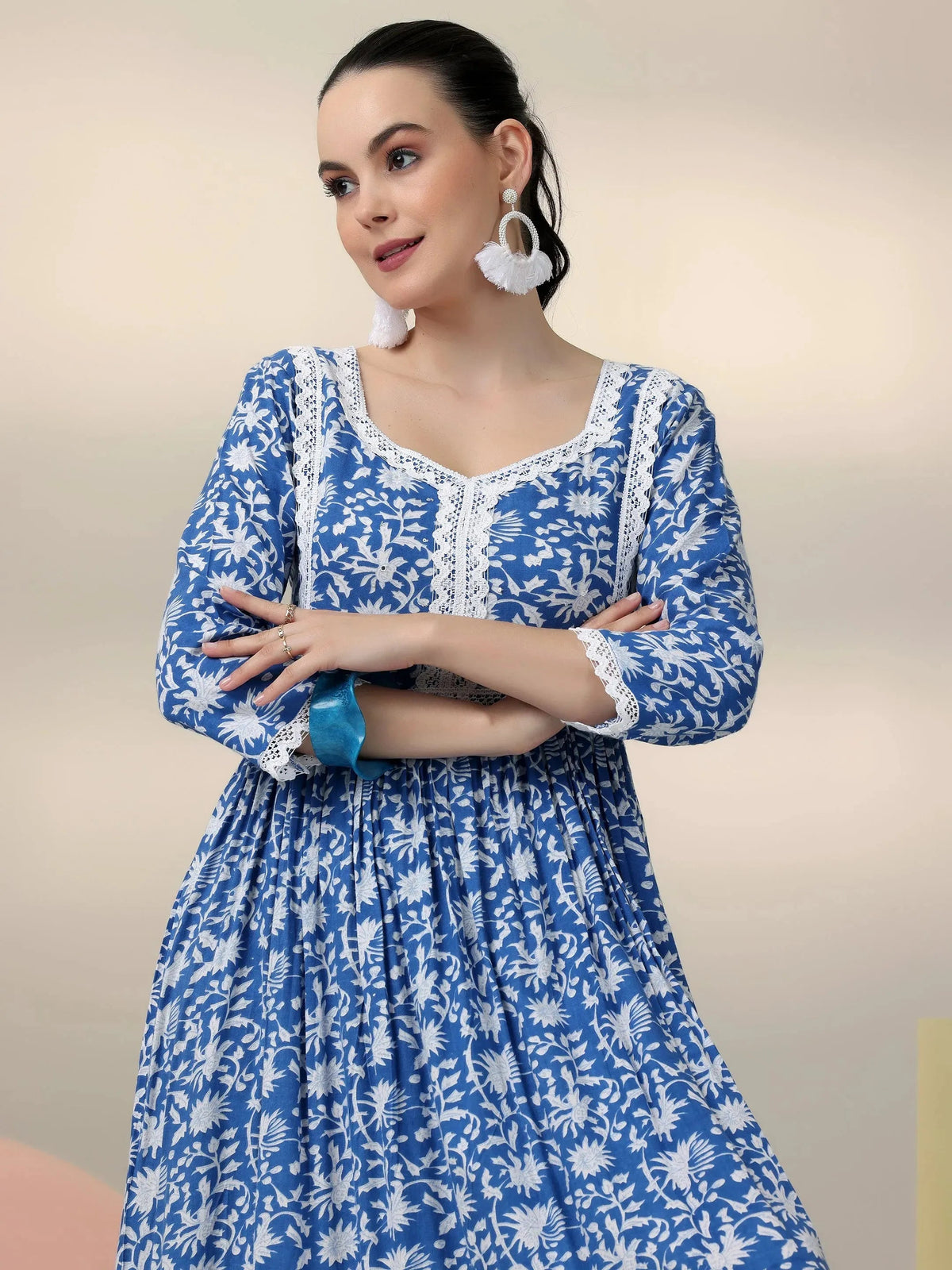 Libas Indigo Printed Rayon Fit and Flare Dress