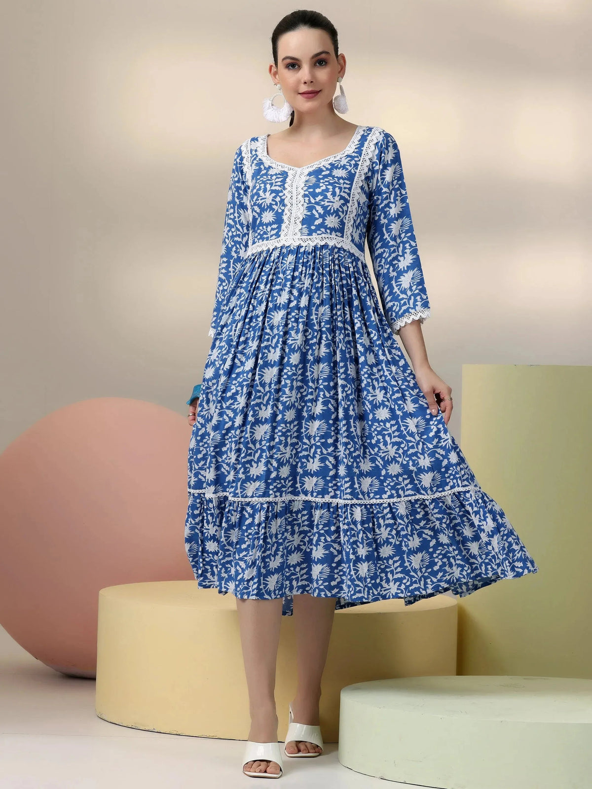 Libas Indigo Printed Rayon Fit and Flare Dress