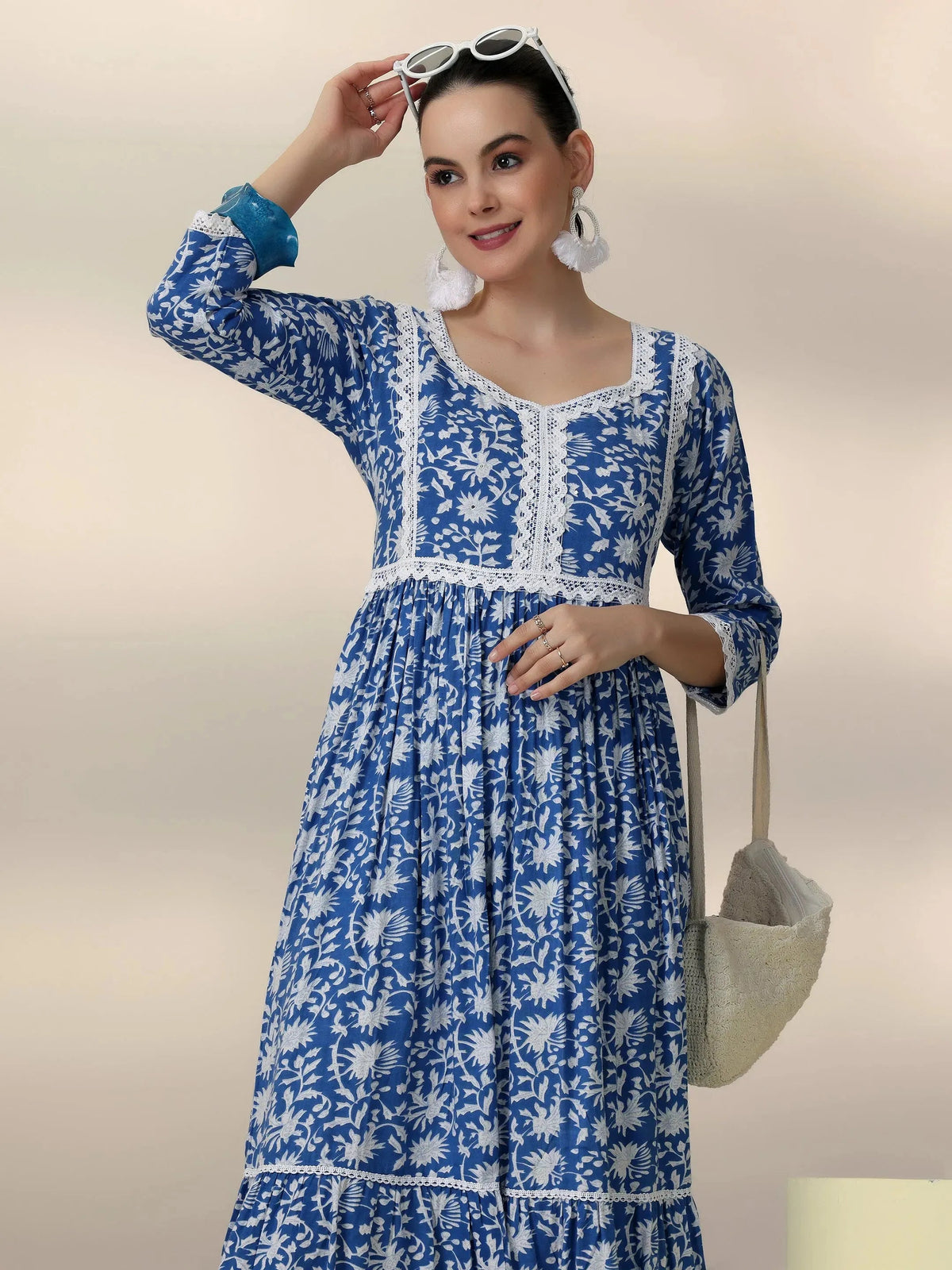 Libas Indigo Printed Rayon Fit and Flare Dress