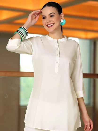 Libas Off White Solid Rayon Straight Tunic
