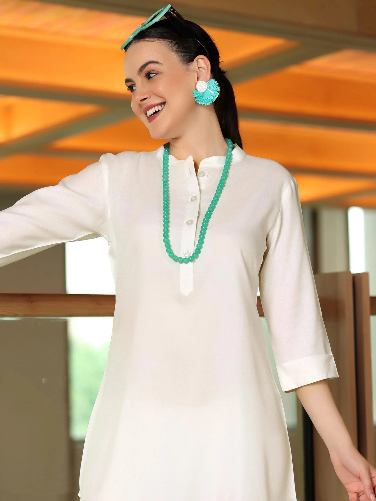 Libas Off White Solid Rayon Straight Tunic