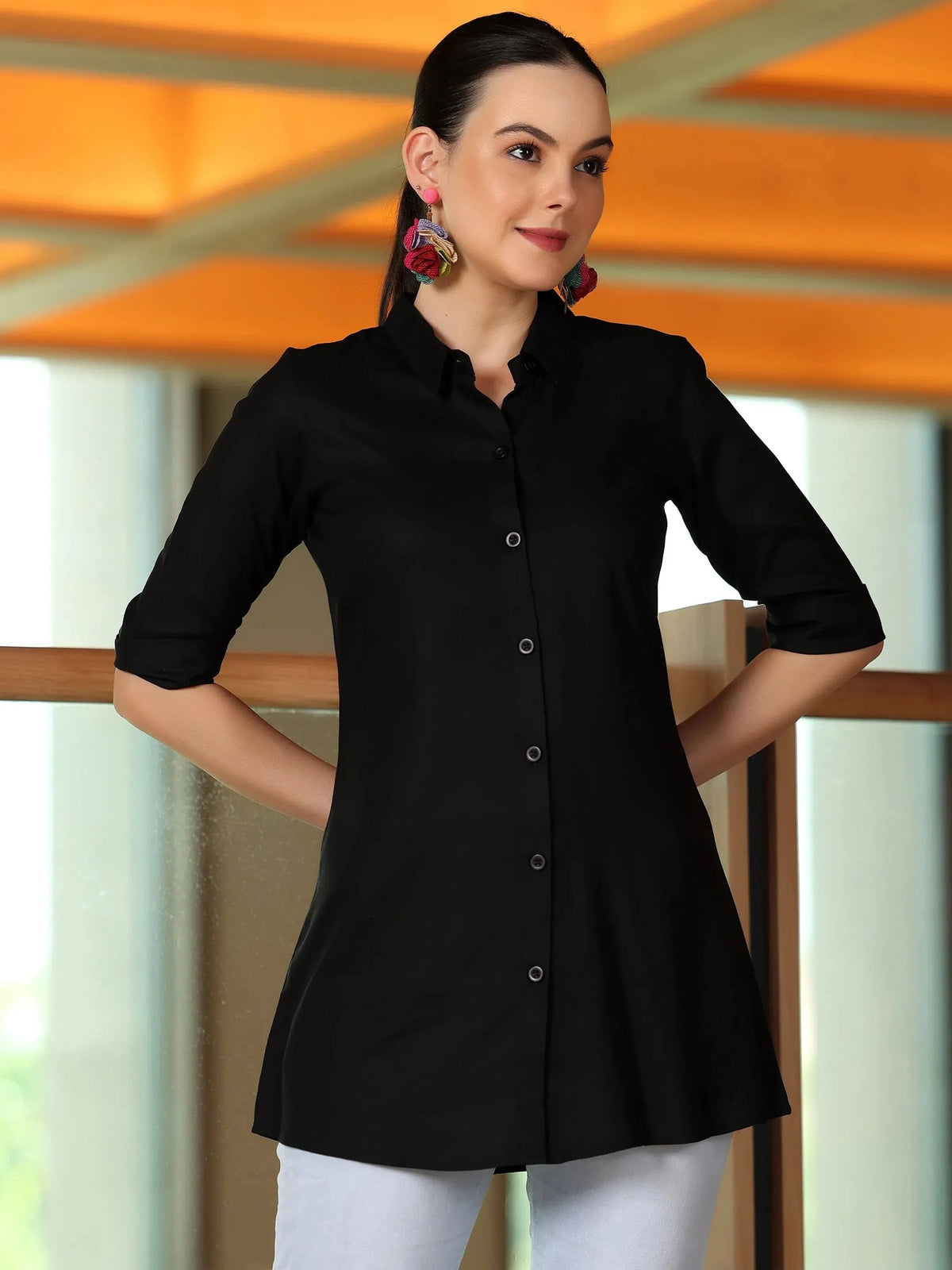 Libas Black Solid Rayon A-Line Kurti