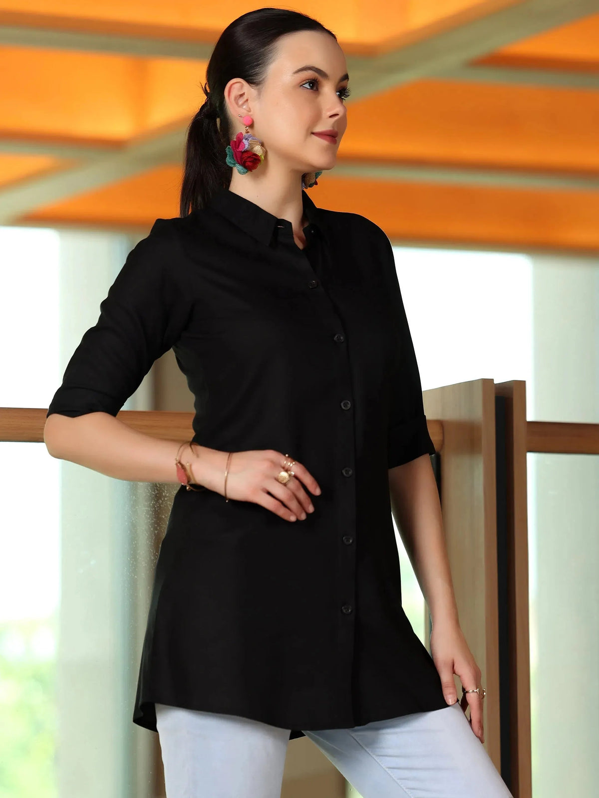 Libas Black Solid Rayon A-Line Kurti