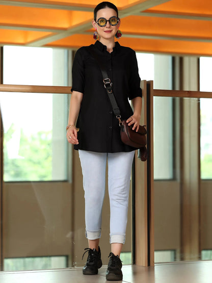 Libas Black Solid Rayon A-Line Kurti
