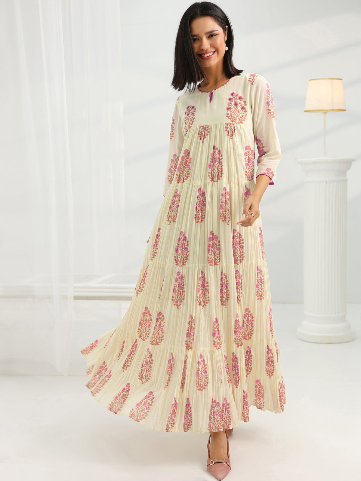 Libas Off White Printed Cotton Pleated A-Line One Piece Dress