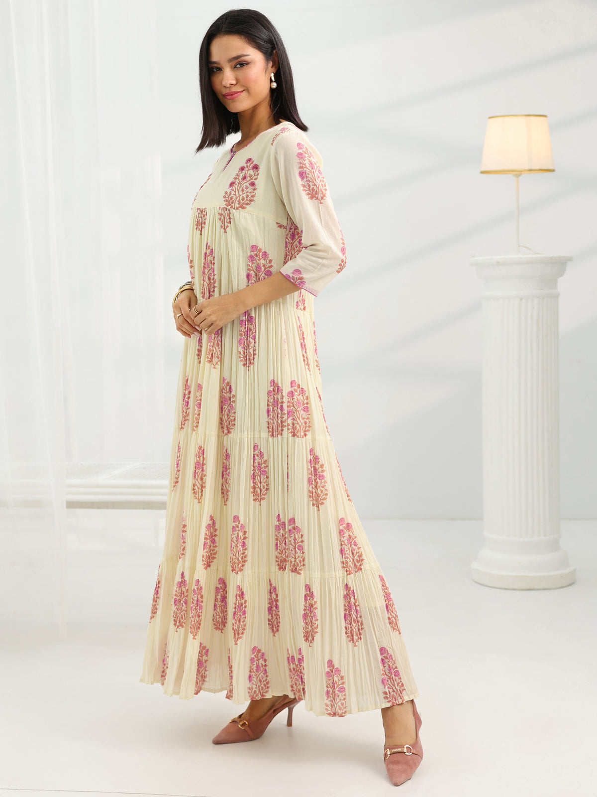 Libas Off White Printed Cotton Pleated A-Line One Piece Dress