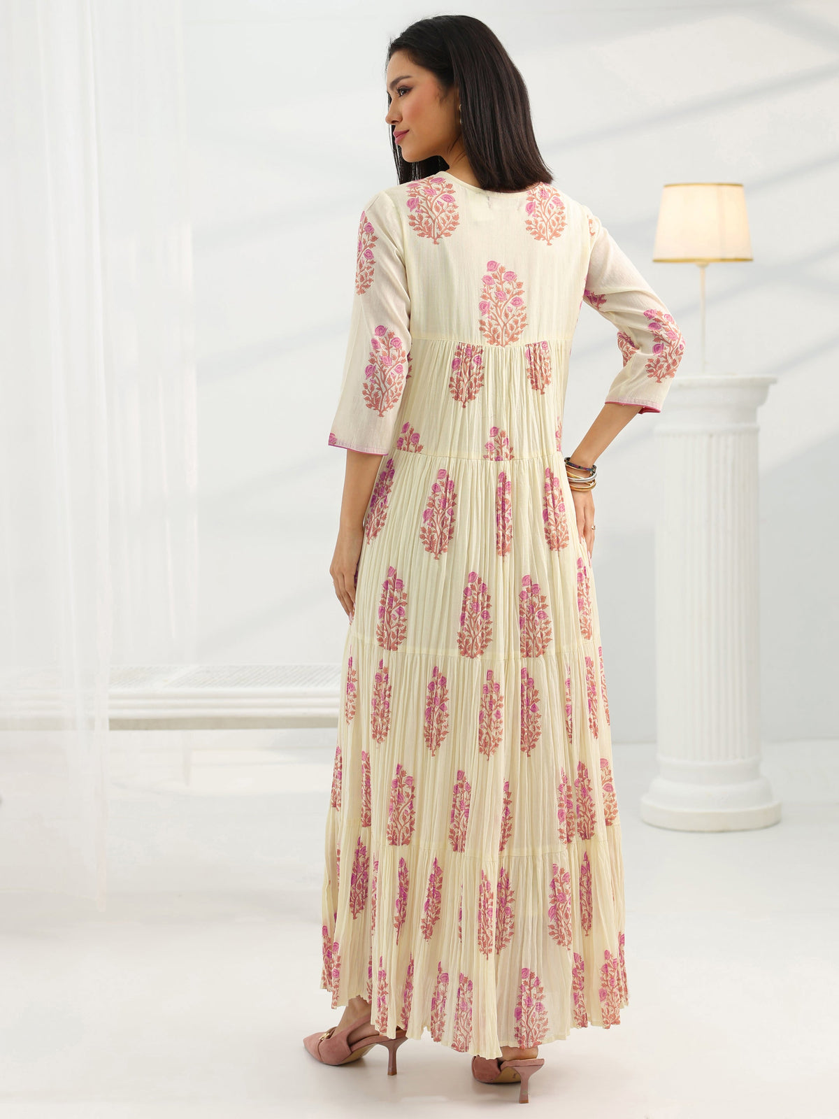 Libas Off White Printed Cotton Pleated A-Line One Piece Dress