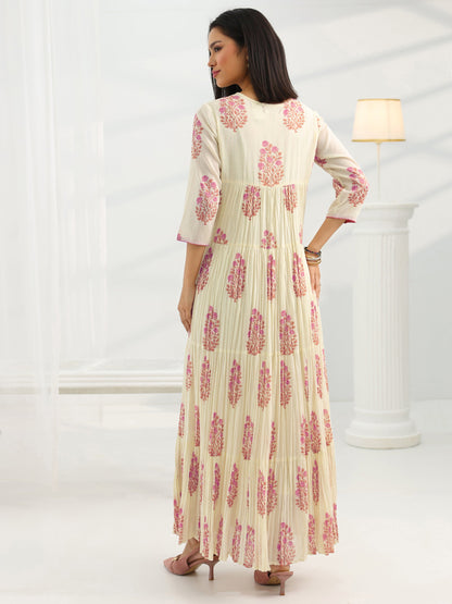 Libas Off White Printed Cotton Pleated A-Line One Piece Dress