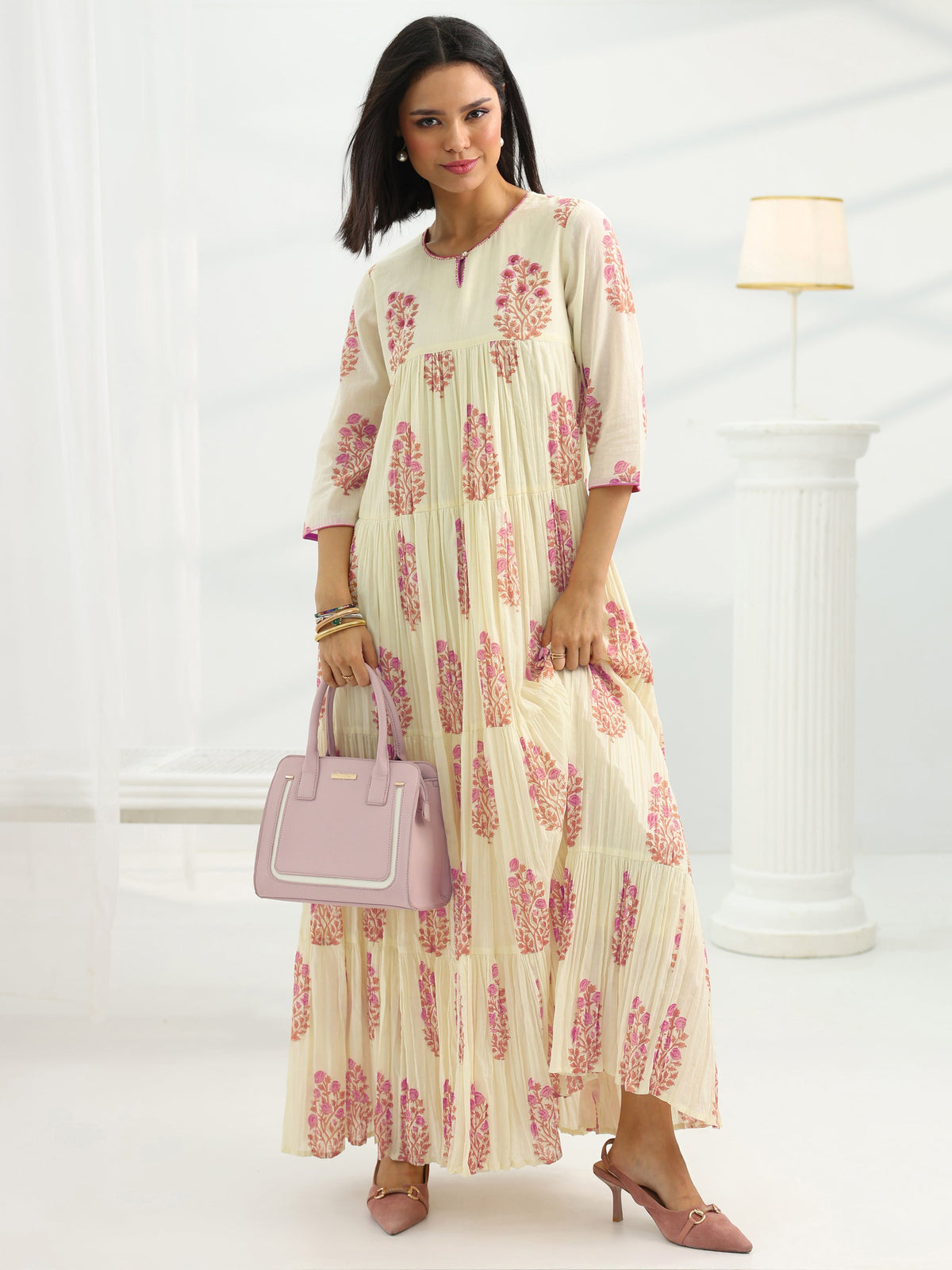 Libas Off White Printed Cotton Pleated A-Line One Piece Dress