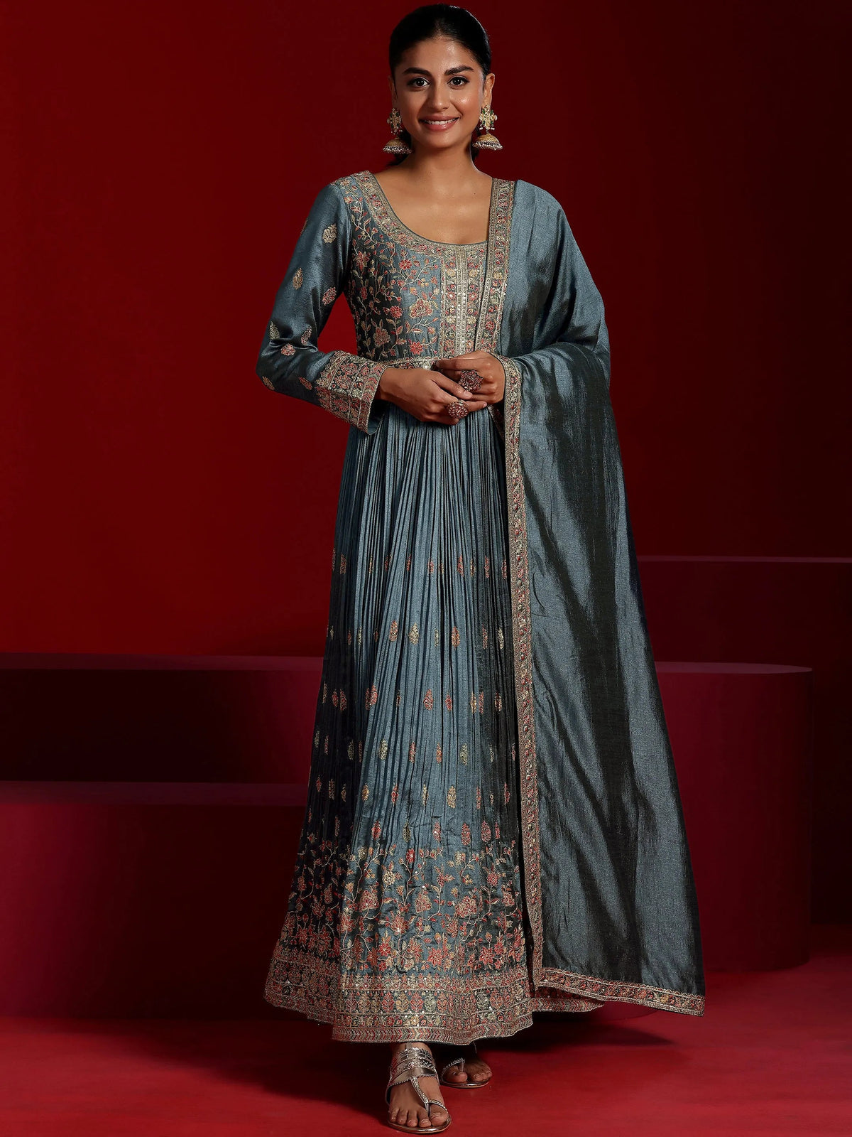 Libas Art Blue Embroidered Silk Blend A-Line Kurta With Trousers & Dupatta