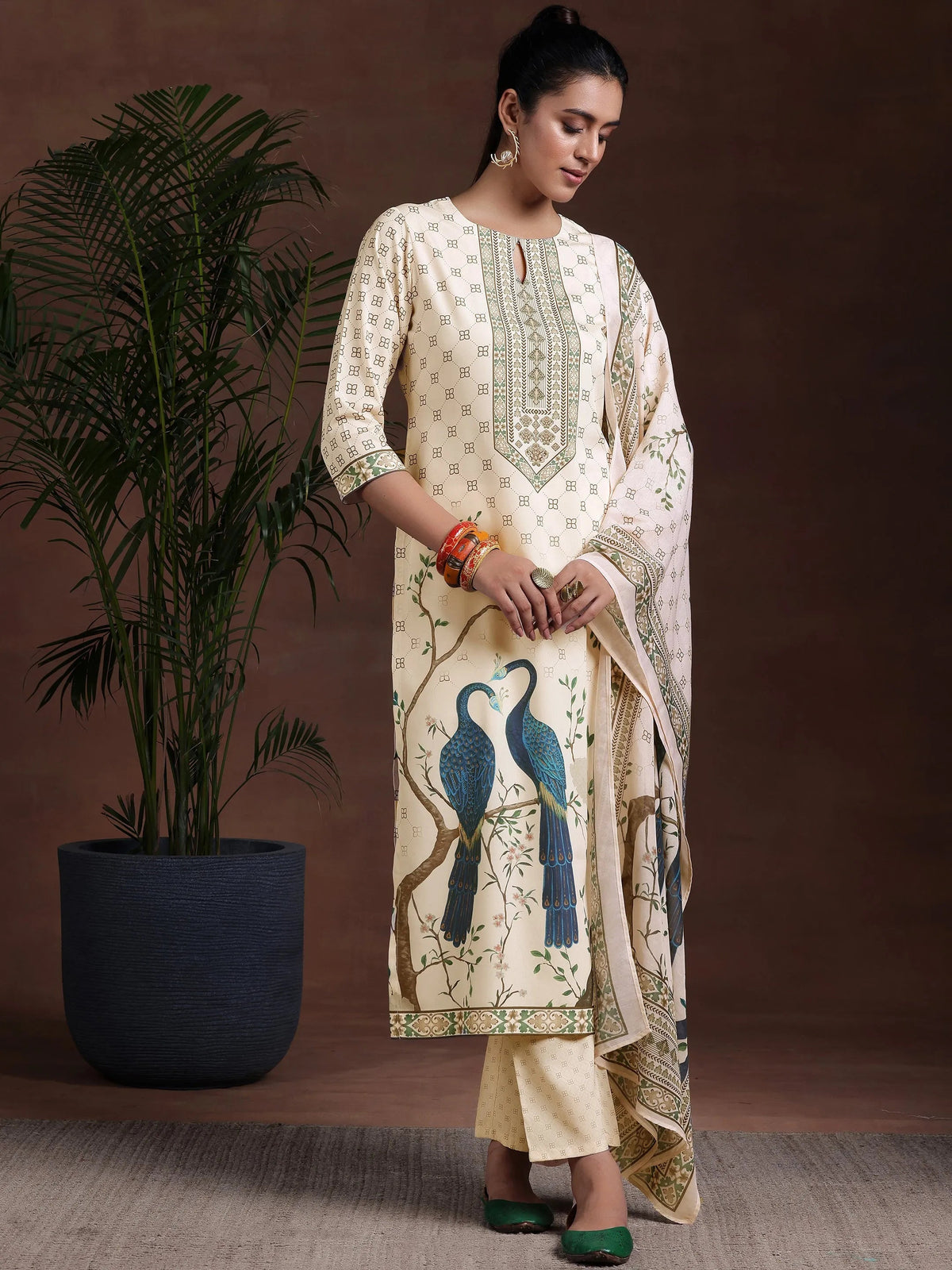 Libas Off White Printed Poly Crepe Straight Suit With Dupatta
