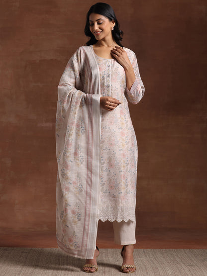 Libas Beige Printed Chanderi Silk Straight Suit With Dupatta