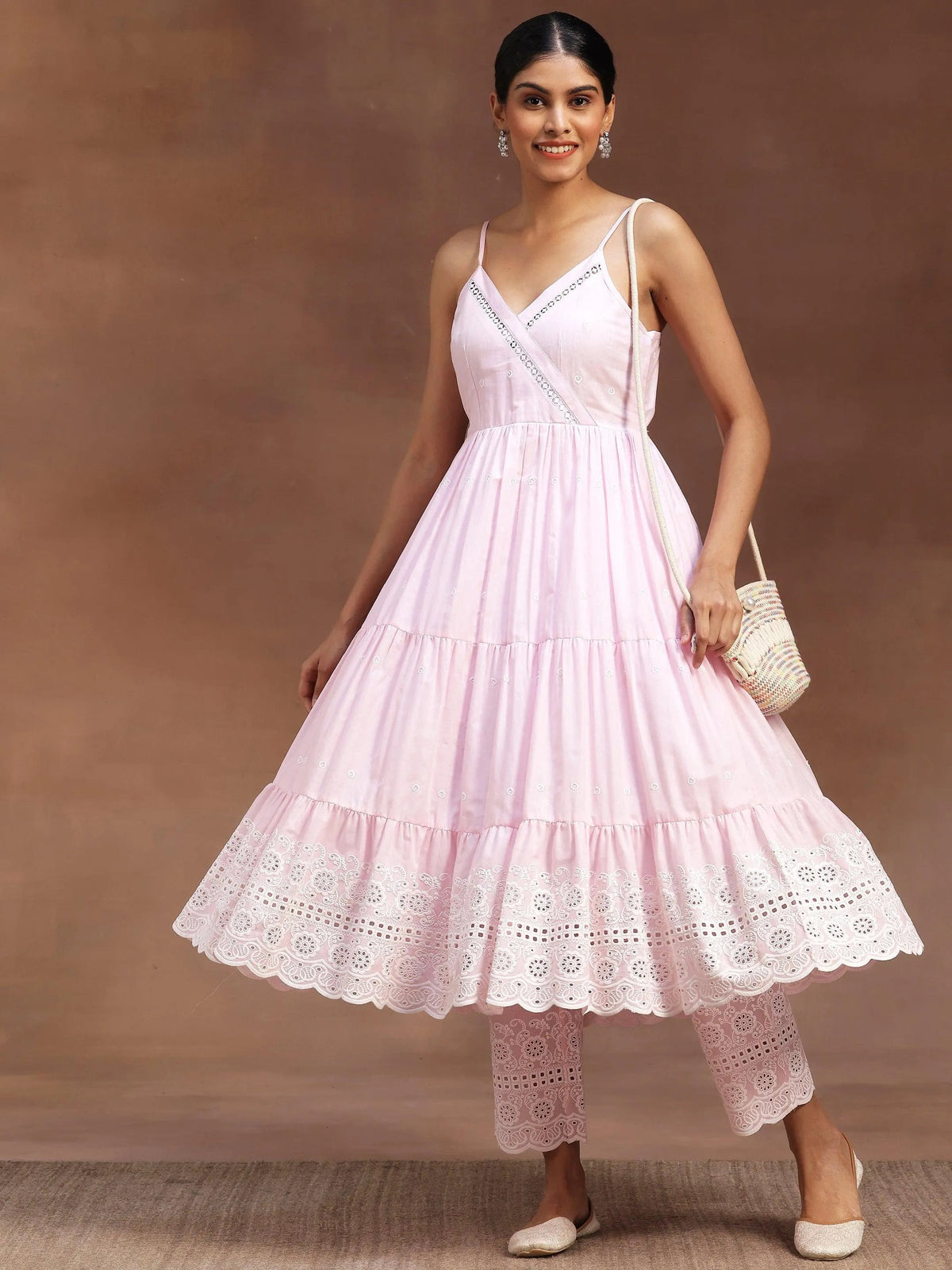 Libas Pink Self Design Cotton Anarkali Kurta With Trousers