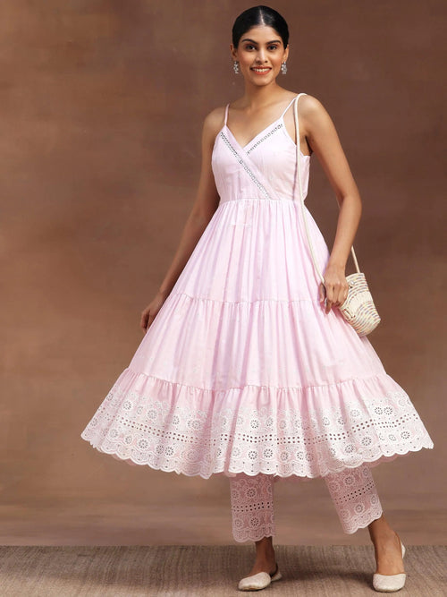 Libas Pink Self Design Cotton Anarkali Kurta With Trousers