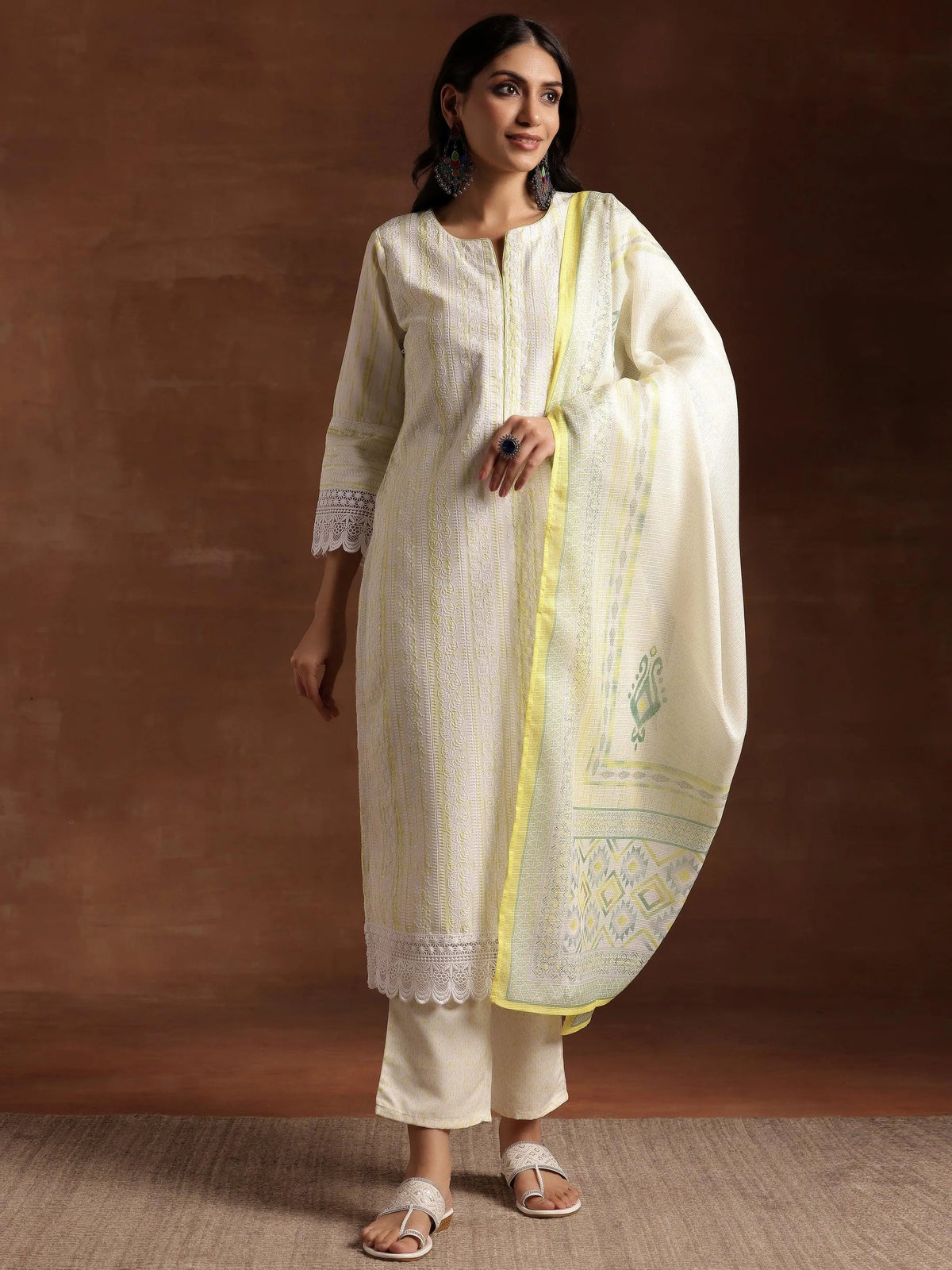 Libas Off White Embroidered Cotton Blend Straight Suit With Dupatta