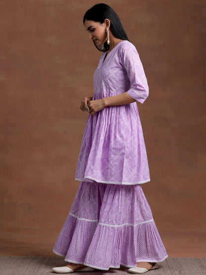 Libas Purple Printed Cotton A-Line Kurta With Sharara & Dupatta
