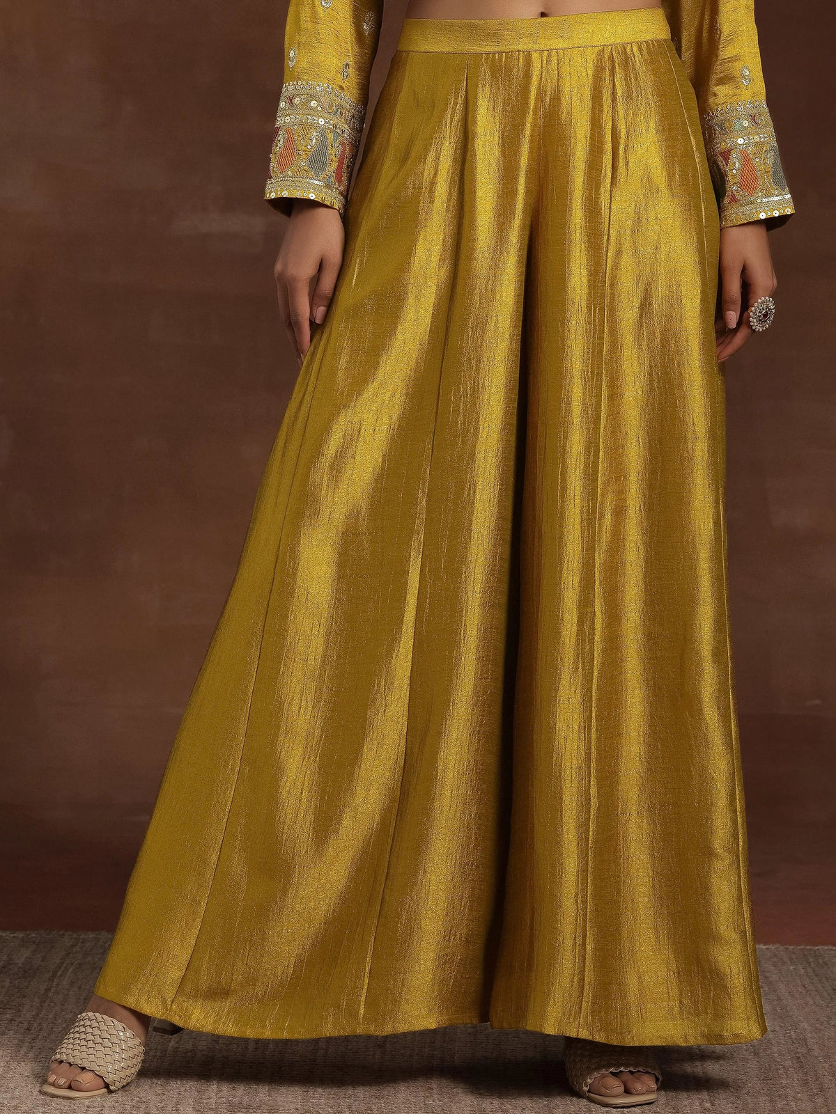 Libas Adaa Mustard Embroidered Silk Blend Straight Kurta With Palazzos & Dupatta