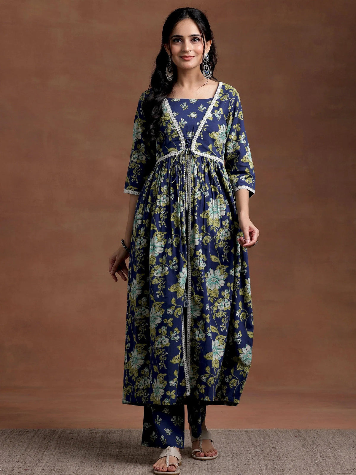 Libas Blue Printed Cotton A-Line Kurta With Trousers