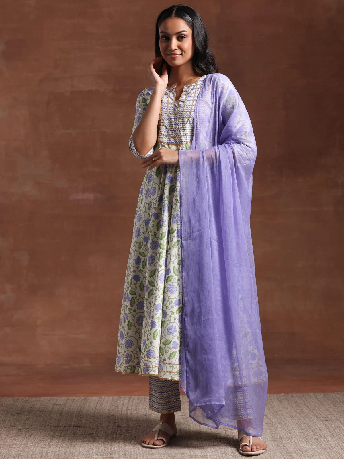 Libas Off White Yoke Design Pure Cotton Anarkali Suit With Dupatta