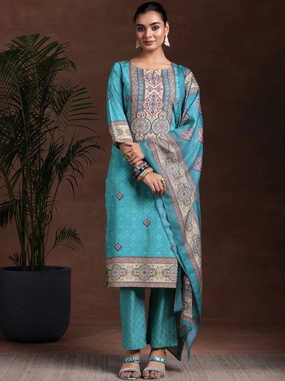 Gerua Blue Printed Poly Crepe Straight Suit With Dupatta