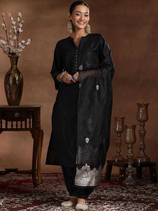 Gerua Black Solid Cotton Blend Straight Suit With Dupatta