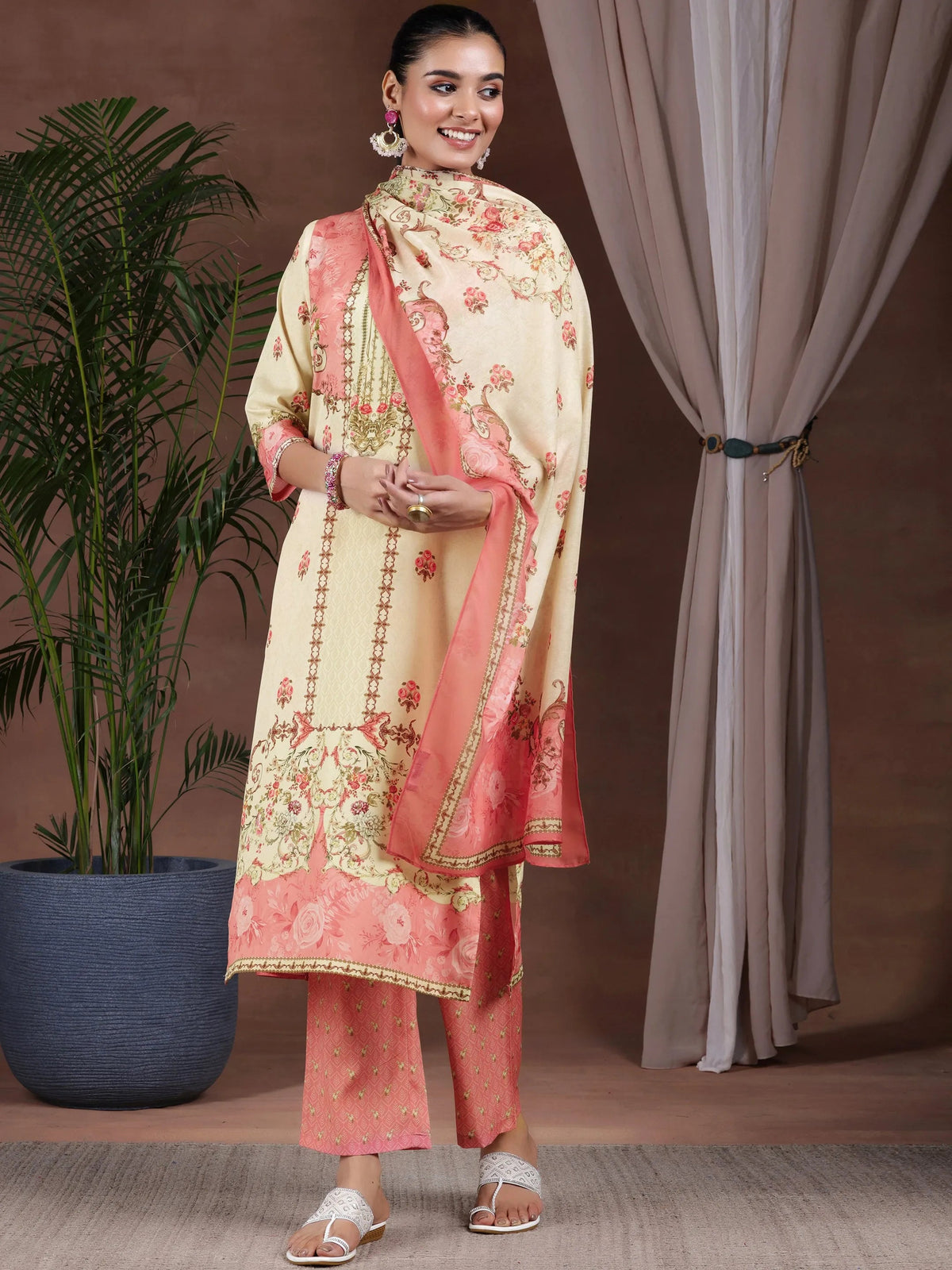 Gerua Beige Printed Poly Crepe Straight Suit With Dupatta