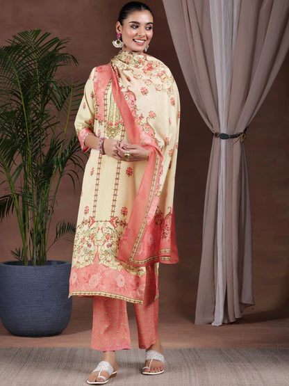 Gerua Beige Printed Poly Crepe Straight Suit With Dupatta