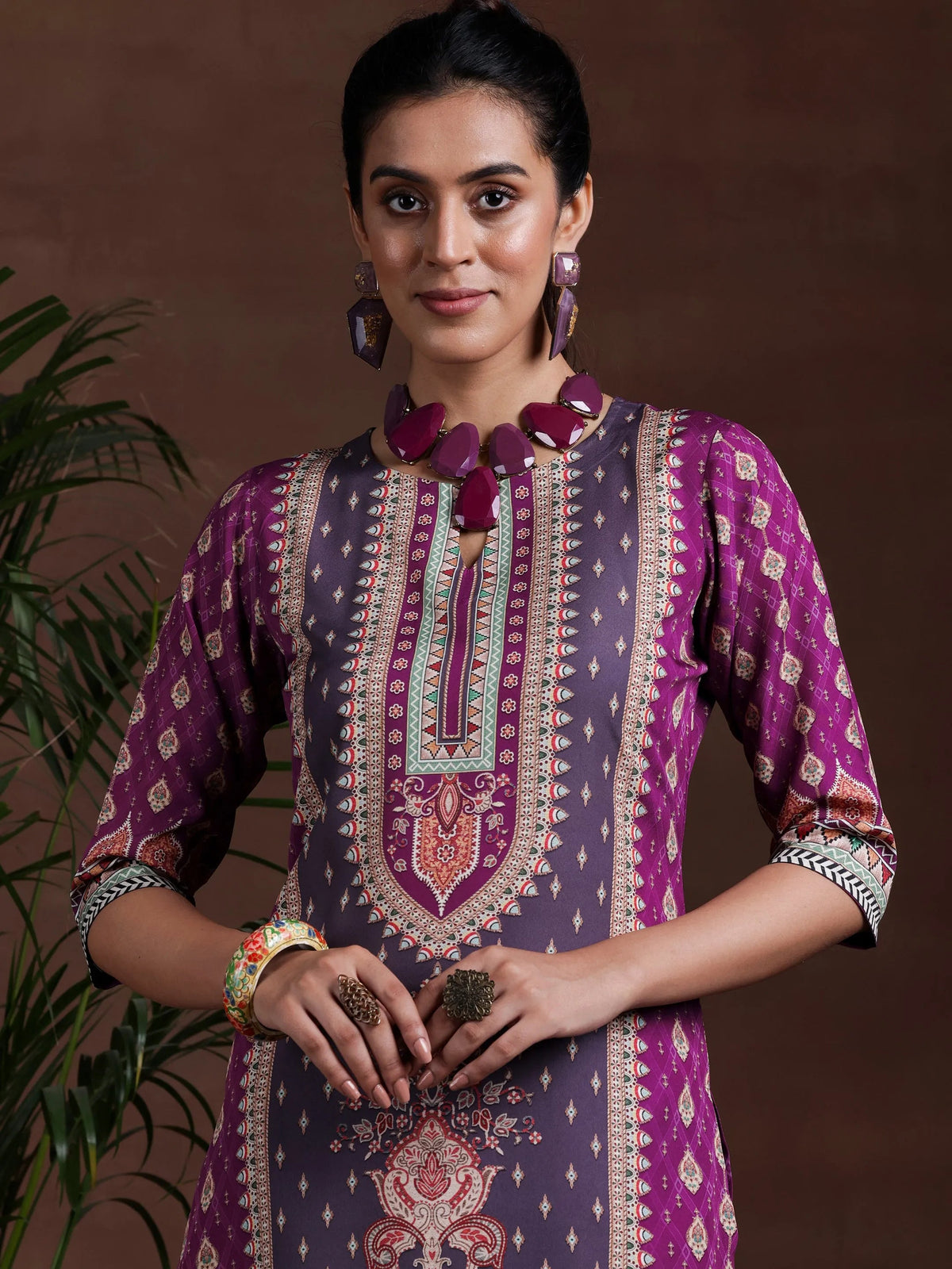 Libas Purple Printed Poly Crepe Straight Suit With Dupatta
