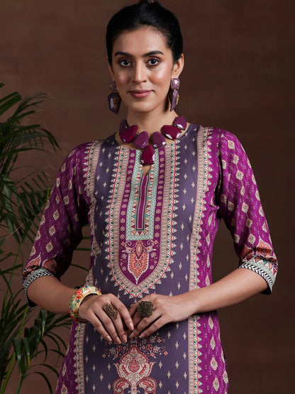 Libas Purple Printed Poly Crepe Straight Suit With Dupatta