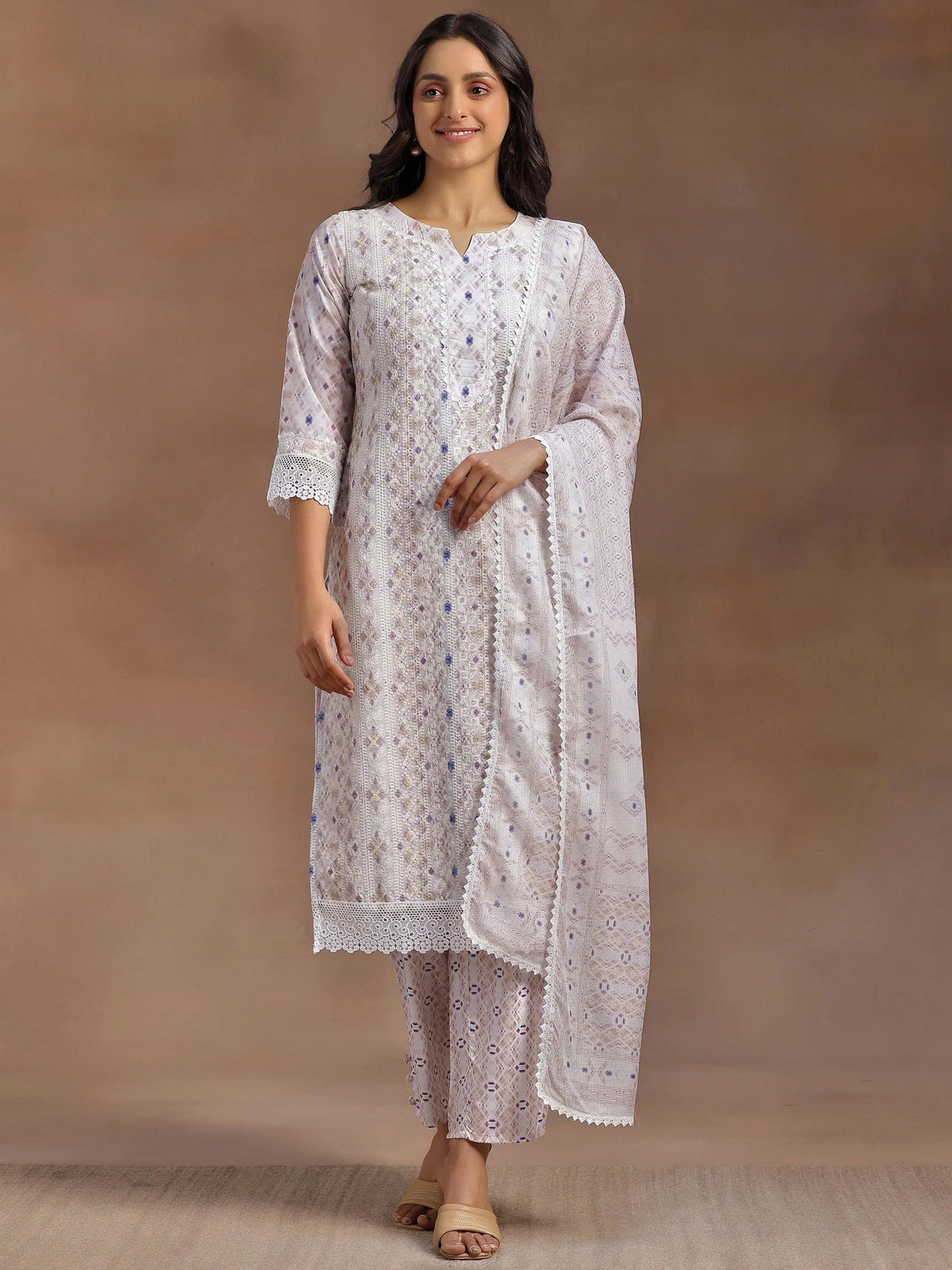 Libas Beige Embroidered Cotton Blend Straight Suit With Dupatta