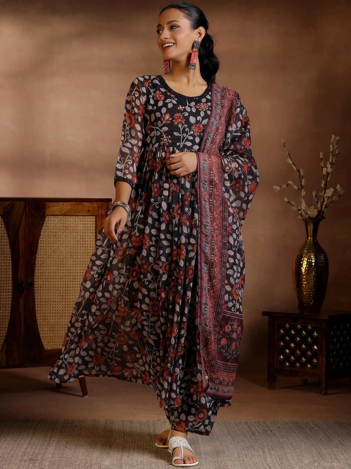 Gerua Black Printed Poly Chiffon A-Line Kurta With Palazzos & Dupatta