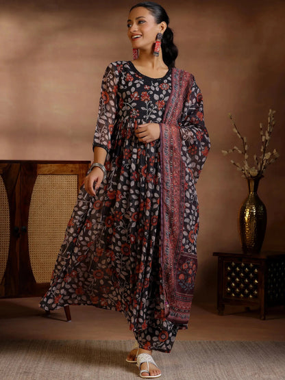 Gerua Black Printed Poly Chiffon A-Line Kurta With Palazzos & Dupatta