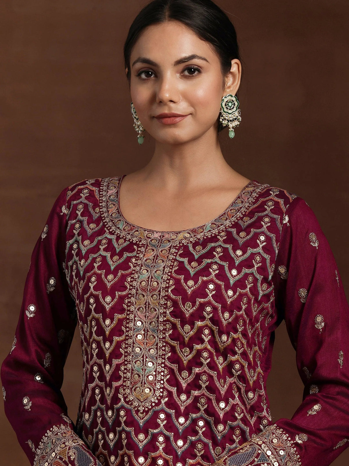 Libas Adaa Wine Embroidered Silk Blend Straight Kurta With Palazzos & Dupatta