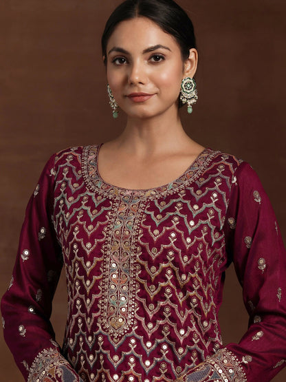 Libas Adaa Wine Embroidered Silk Blend Straight Kurta With Palazzos & Dupatta