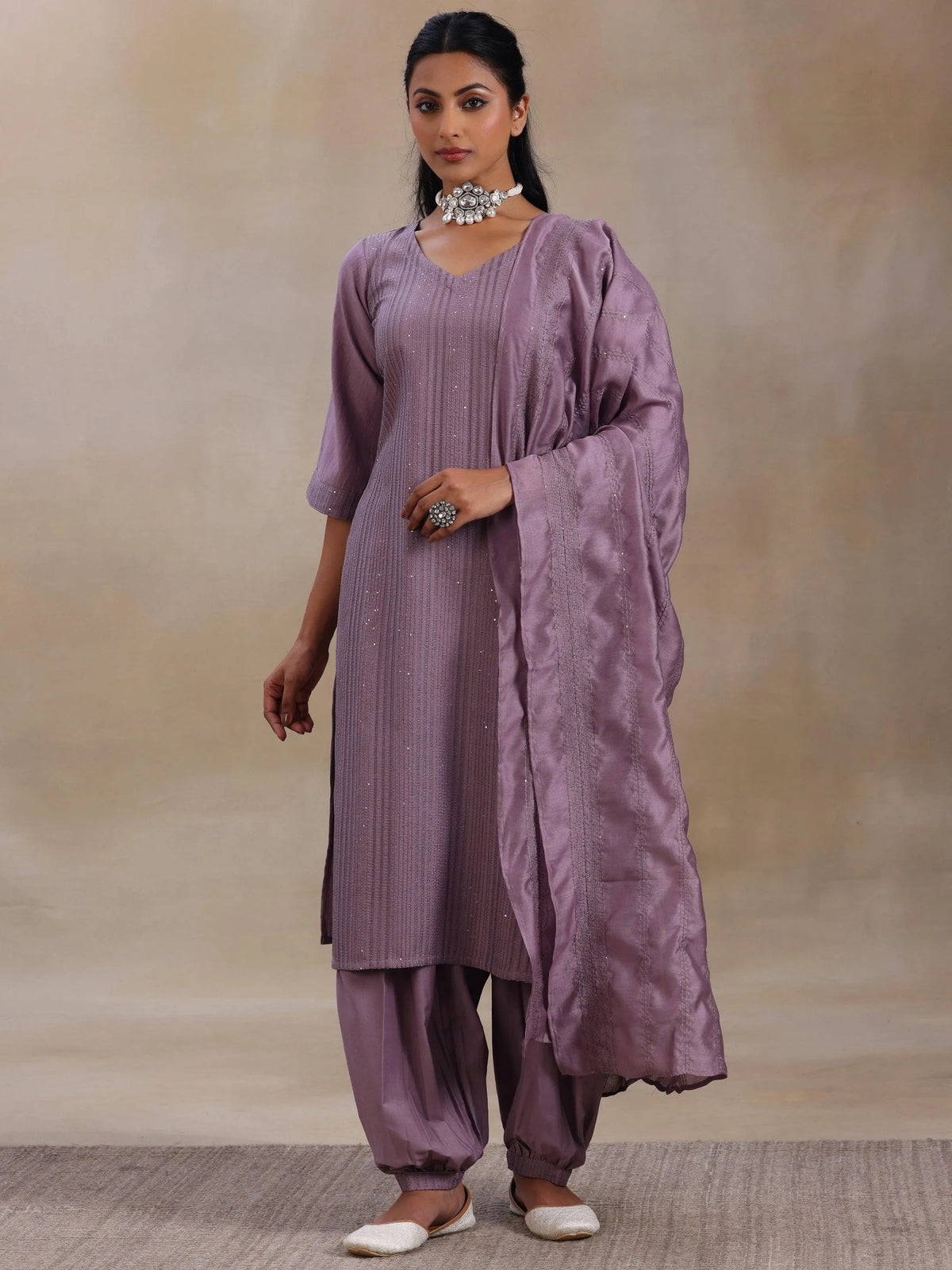 Libas Mauve Self Design Silk Blend Straight Suit With Dupatta