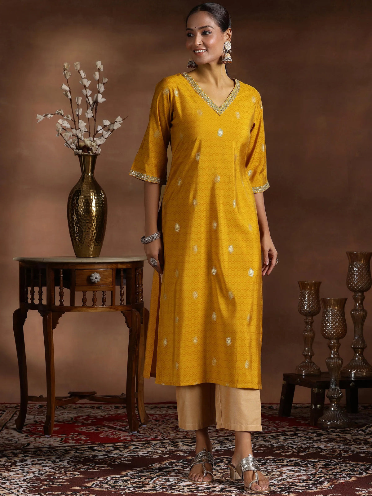 Libas Mustard Printed Silk Straight Kurta