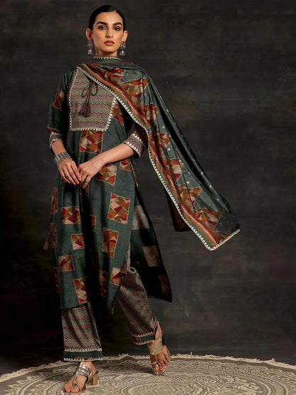 Gerua Green Printed Silk Blend Straight Suit With Dupatta